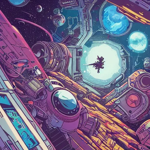 Prompt: a space station looking down on the planet being torn apart by shadows by josan gonzales and Dan Mumford