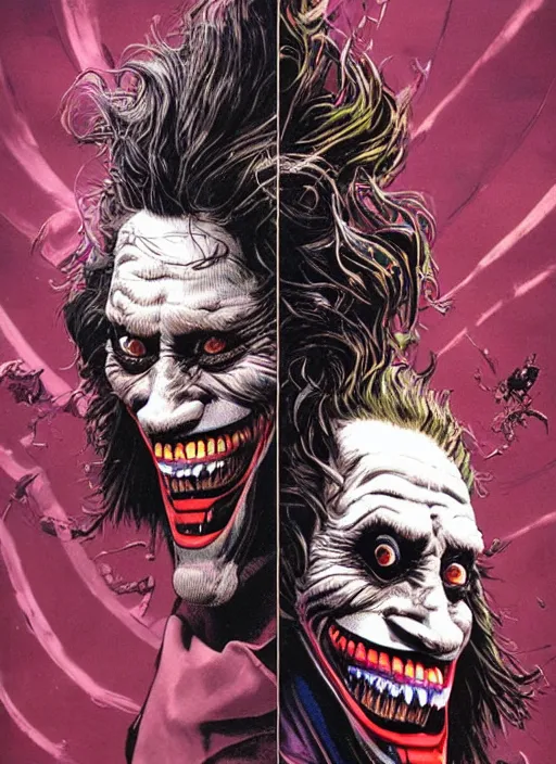 Image similar to willem dafoe as the joker, big smile, grotesque, horror, high details, intricate details, by vincent di fate, artgerm julie bell beeple, 1 9 8 0 s, inking, vintage 8 0 s print, screen print