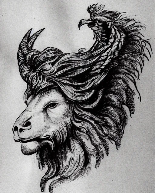 Prompt: human / eagle / lion / ox hybrid. horns, beak, mane. symmetrical. drawn by da vinci