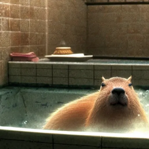 Image similar to the scene of a capybara sitting in a steaming bathtub in the animated movie spirited away by hayao miyazaki, studio ghibli, animated movie, anime, beautiful