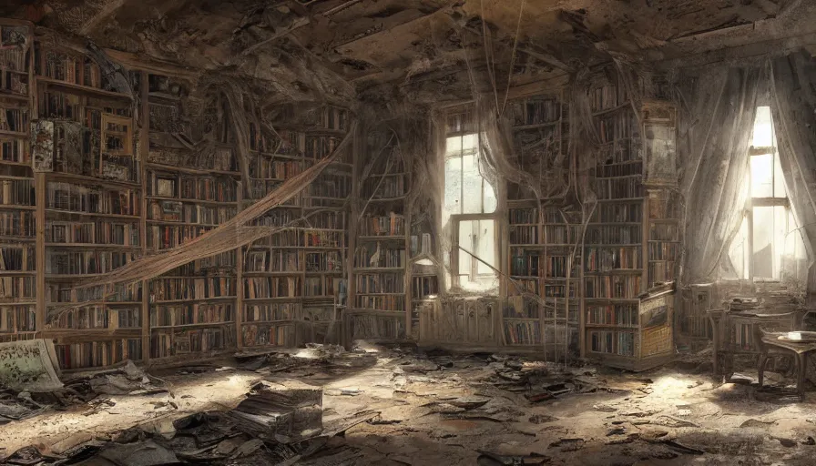 Prompt: abandoned 1 7 0 0's dusty attic with old library covered by dust and cobwebs, rotten wood, dusty dirty floor, lights through old dusty broken windows, books and newspapers on the floor, hyperdetailed, artstation, cgsociety, 8 k
