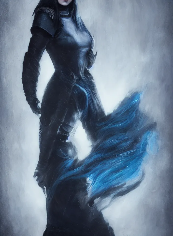 Image similar to a half portrait of a young sorceress wearing an azure leather dress from skyrim, platinum hair, fantasy setting, beautiful face, dark colors, scary lighting, atmospheric, cinematic, moody, in the style of diego koi, gina heyer, luiz escanuela, art by alyssa monk, hyperrealism, rule of thirds, golden ratio, oil on canvas, 8 k