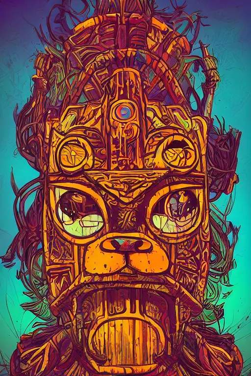 Image similar to totem animal tribal chaman vodoo mask feather gemstone plant wood rock video game illustration vivid color borderlands by josan gonzales and dan mumford radiating a glowing aura