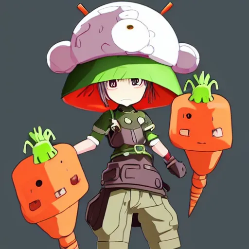 Prompt: cute android with big tomato hat and a carrot sword, made in abyss style