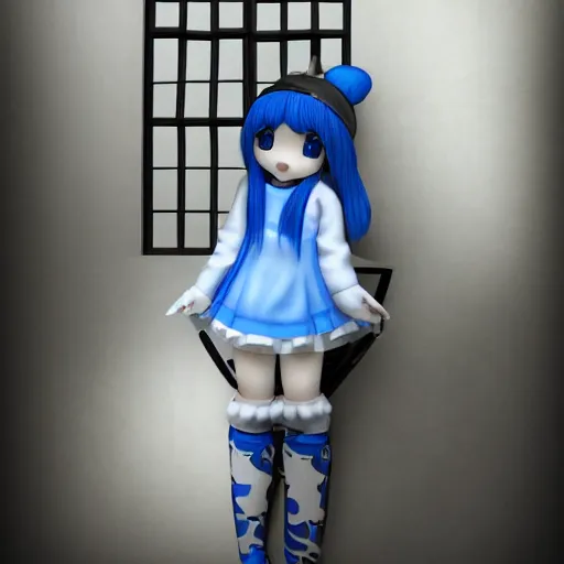 Image similar to cute fumo plush of a girl who has a collection of souls in her mansion trapped in jars, black and white and blue, vray