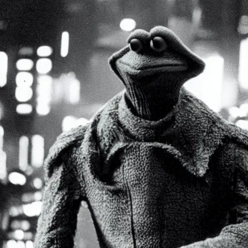 Prompt: kermit the frog as Deckard in Blade Runner (1982)