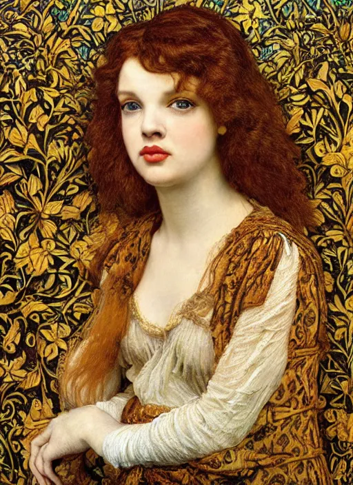 Prompt: masterpiece of intricately detailed preraphaelite photography portrait face hybrid of judy garland and flo perry, aged 6 0, sat down in train aile, inside a beautiful underwater train to atlantis, betty page fringe, medieval dress yellow ochre, by william morris ford madox brown william powell frith frederic leighton john william waterhouse hildebrandt