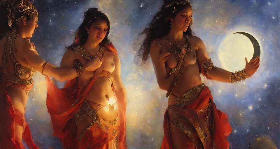 Prompt: jade women holds the moon and the sun, in the background you can see the universe. by Daniel F. Gerhartz, hyperrealistic oil painting, 4k, very detailed faces, studio lightning