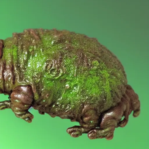 Image similar to tardigrade floating in green slime. finely detailed skin with celluar glossy facets