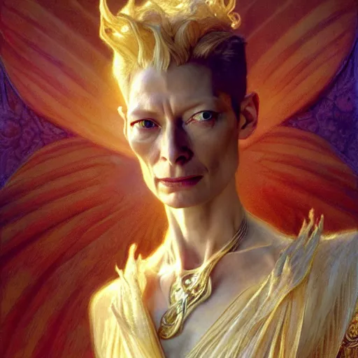 Image similar to tilda swinton as lucifer morningstar, natural lighting, path traced, highly detailed, high quality, digital painting, by gaston bussiere, craig mullins, alphonse mucha j. c. leyendecker