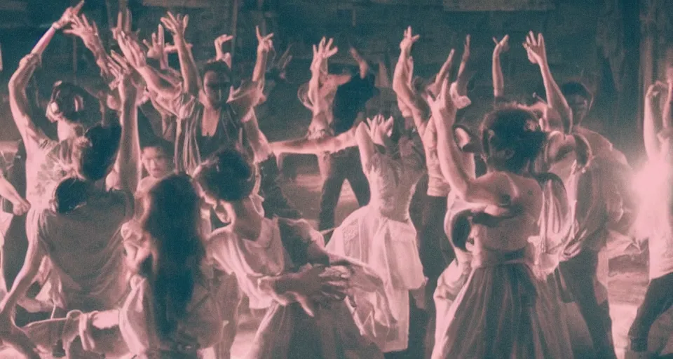 Image similar to closeup still of the musical dance scene inside an abandoned slaughterhouse storeroom, closeup 35mm lens, Disney remake (2021)