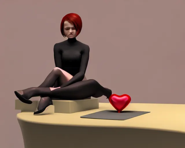 Image similar to a woman sitting on a desk with a heart shaped object in her lap, computer graphics by Minerva J. Chapman, polycount, net art, daz3d, 3d, rendered in maya