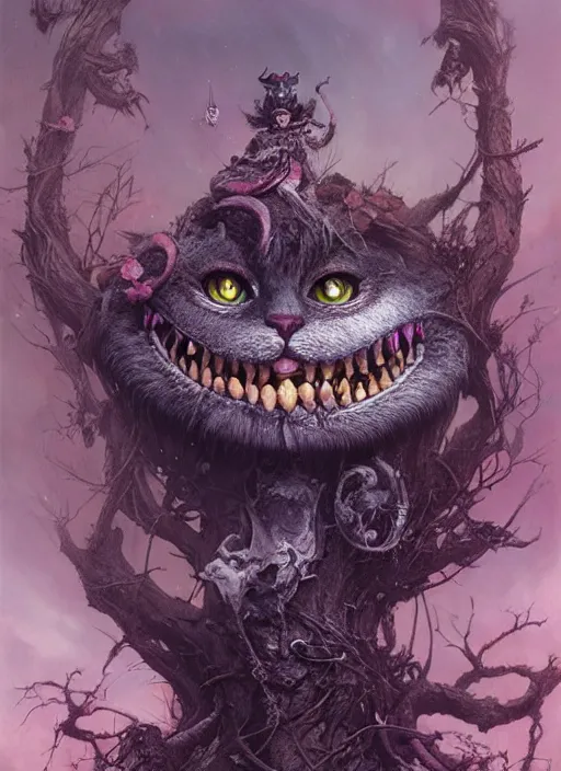 Image similar to Cheshire Cat,highly detailed,cinematic,8k,by Stanley Artgermm,Tom Bagshaw,Greg Rutkowski,Carne Griffiths, Ayami Kojima, Beksinski, Giger,Anne Stokes, Benjamin Lacombe,trending on DeviantArt,hyper detailed,horror, full of colour