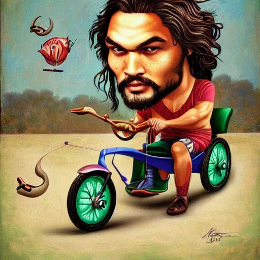 Prompt: Jason Momoa on a tricycle, lowbrow painting by Mark Ryden