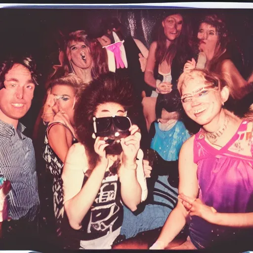 Image similar to a polaroid photo of an 8 0 s party after dark