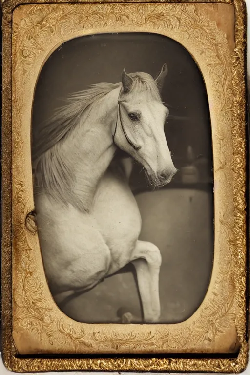 Image similar to a tintype photo of horse in a bed