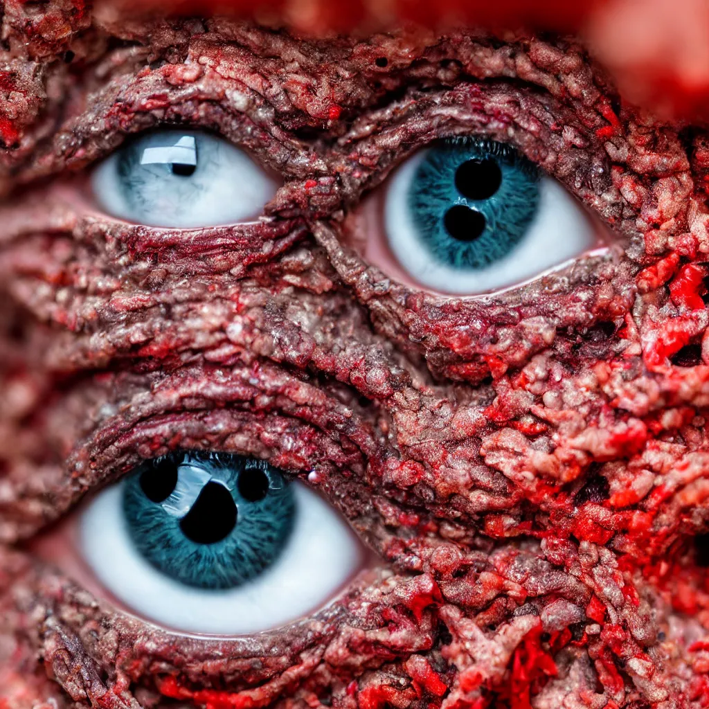 Prompt: a close up view of a red zombie eye, worms coming out, rotten aspect, realistic dlsr photo, 4K