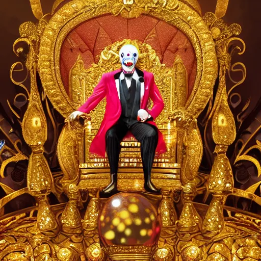 Image similar to shining giant throne made of millions of diamonds, gold and sapphires with thousands of light reflections, and a clown on a tuxedo suit is sitting on the throne while handing a golden balloon, dramatic light, digital painting, ultradetailed, artstation, oil painting