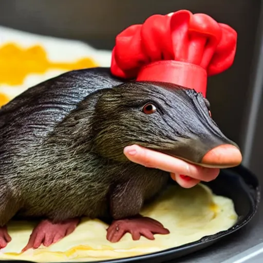 Image similar to platypus wearing a chef hat while putting a lasagna in an oven, with three basil leaves over the lasagna