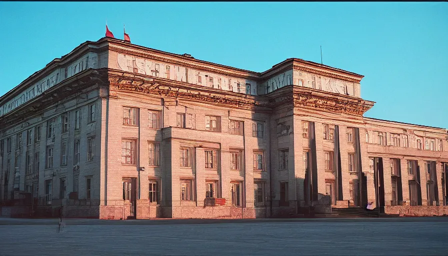 Image similar to 60s movie still of a sovietic museum stalinist style, cinestill 800t 10mm eastmancolor, liminal Space style, heavy grain, heavy artefact, high quality, high details, panoramic