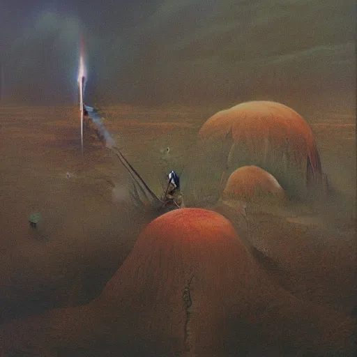 Image similar to Zdzisław Beksiński painting of the battle of mars