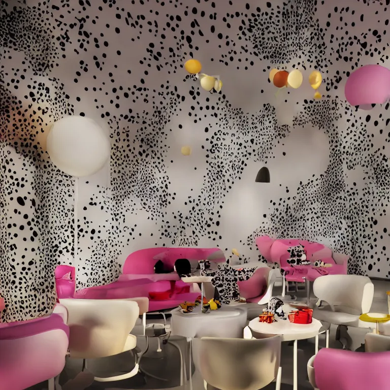 Image similar to vogue photoshoot octane render of 1 0 1 dalmatian with white background, focus bright colorful pastel exotic vintage boutique hotel lounge, very short depth of field, bokeh