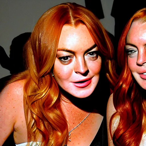 Image similar to Selfie photograph of Lindsay Lohan and Lindsay Lohan, golden hour, 8k,