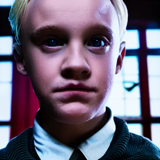 Image similar to Draco Malfoy as One from Stranger Things, high resolution photo