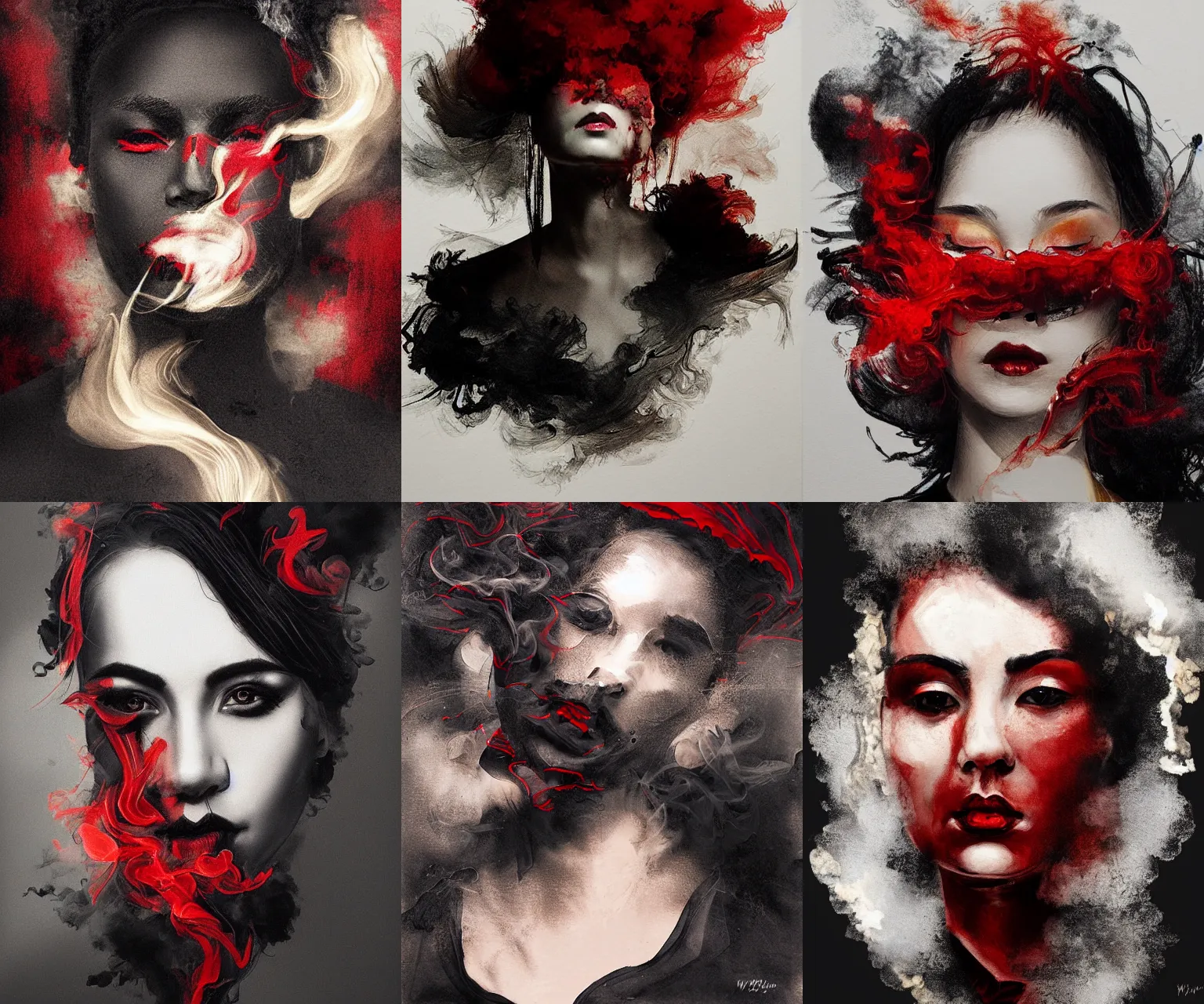 Prompt: Black red gilded ink smoke portrait, by wlop and argerm