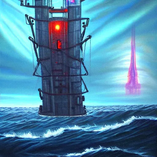 Image similar to a ship off the shore of a beautiful coast with a distant ominous biopunk tower filled with evil technology glowing in the distance, painting by John Berkley