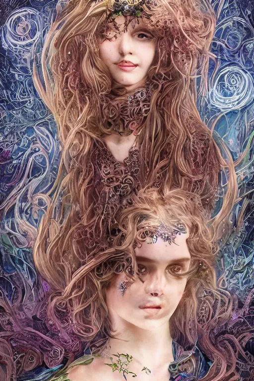 Image similar to An extremely beautiful pre-raphaelite ornate portrait of a very beautiful and cute witch, surreal, ultradetailed, intricate, elegant, digital art painting, concept art, smooth, sharp focus, poster art, art cover illustration, regal, award winning picture, extremely detailed masterpiece, sense of awe, featured on artstation, Artgerm, effervescent punk kawaii-noir pastel bubbles, winning award piece, ethereal rainbows, Aetherpunk, low-key neon lightning, stormy weather, Exquisite floral details, 8K detail post-processing, matte, oil painting