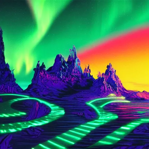 Image similar to wide wide photo of northern Lights in hell (((dynamic neon lighting)) in chromatic dmt trippy lake with glowing birds, mountains, elegant, highly detailed, sharp focus, illustration, beautiful, geometric, trending on artstation, cinematic, artwork by Tran, Ross and Aivazovsky, Ivan