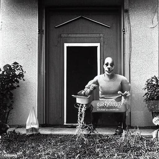 Prompt: an alien is sitting in the entrance of a soviet house, eating seeds and drinking beer, top secret style photo, 7 0 s