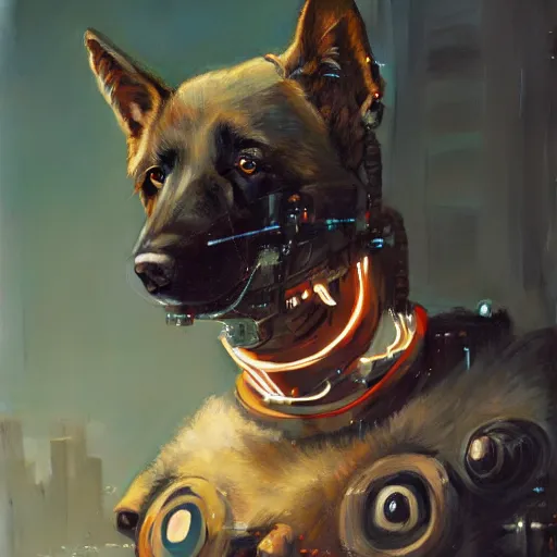 Prompt: studio portrait of furry anthro anthropomorphic german shepard head animal person fursona exposed machinery extremely detailed robot human android body cybernetic cyberpunk digital art by Greg Rutkowski, Simon Stalenhag, trending on Artstation, CGSociety