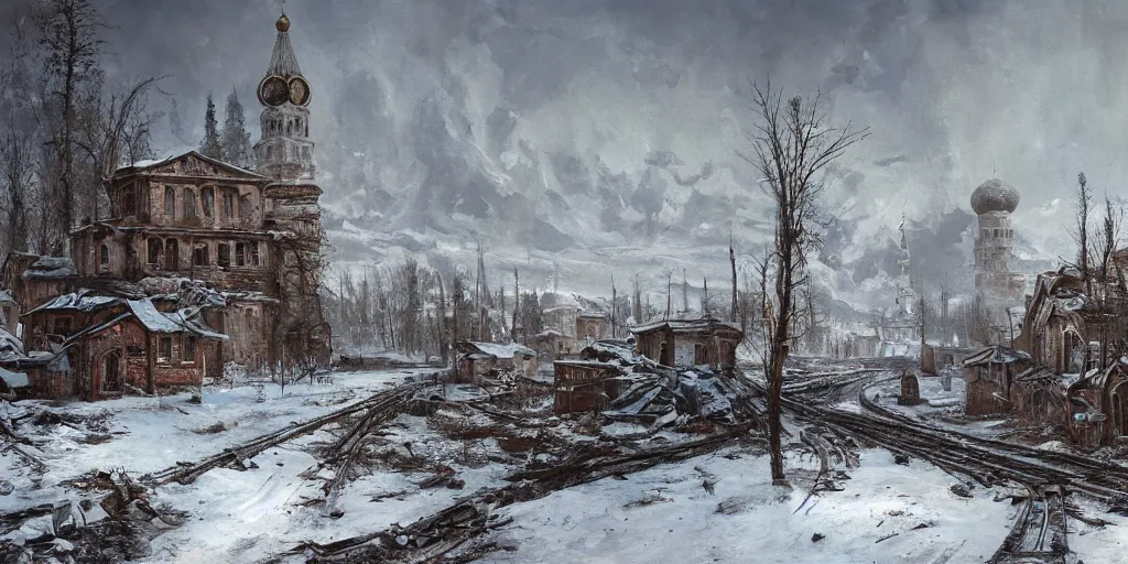 Image similar to An abandoned russian village as concept art for Metro Exodus, winter season, abandoned, ruined buildings, oil painting, painting by Viktor Vasnetsov, concept art, fantasy cityscape, Russian architecture, painting by Ivan Shishkin, hyperborea, high resolution, trending on artstation,