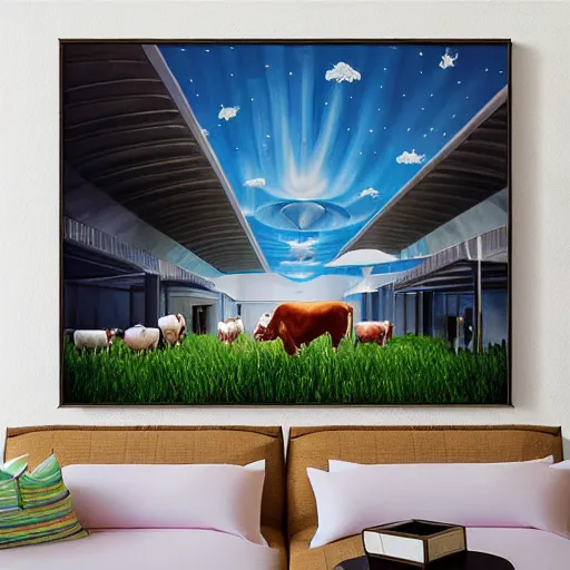 Image similar to interior view of modern futuristic farm barn architecture and interior design, lounge chairs with cows, sofas with pigs and chickens, wall art, detailed luminescent oil painting 4 k