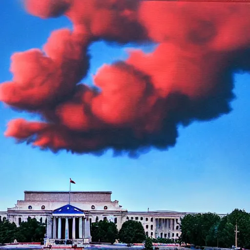 Image similar to dystopian, destroyed washington dc, real, blue sky, smoke, red clouds, detailed, award winning, masterpiece, photograph, cinematic, hyperrealism