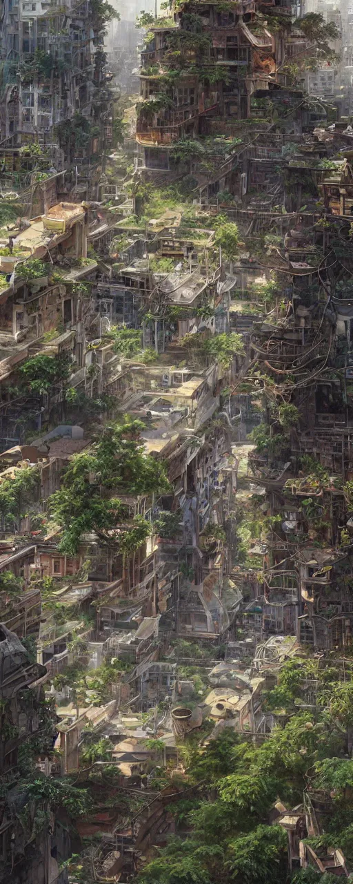 Image similar to a sprawling city landscape in an abandoned east asian country, vines and weeds growing from the apartment buildings, plants sprouting from the concrete, intricate, elegant, highly detailed, digital painting, artstation, concept art, smooth, sharp focus, illustration, art by artgerm and greg rutkowski and alphonse mucha