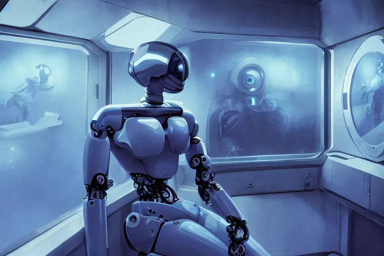 Image similar to a cinematic wide - angle photograph of an androgynoid robot in the sick bay on the inter - galactic spaceship by john harris and jim burns, 8 k, beautiful lighting, high depth, ultra realistic, sci - fi movie style, high point - of - view, coherent composition