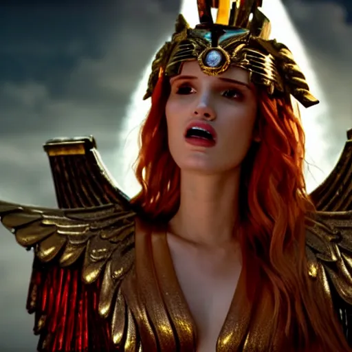 Image similar to cinematic scene with bella thorne on a majestic throne as the goddess of war, dramatic, small details, volumetric lighting, still frame