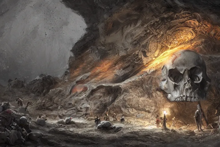 Image similar to a giant skull being unearthed in an excavation site, digital painting, mixed media, trending on artstation and deviantart, epic composition, magnum opus, highly detailed, 8 k