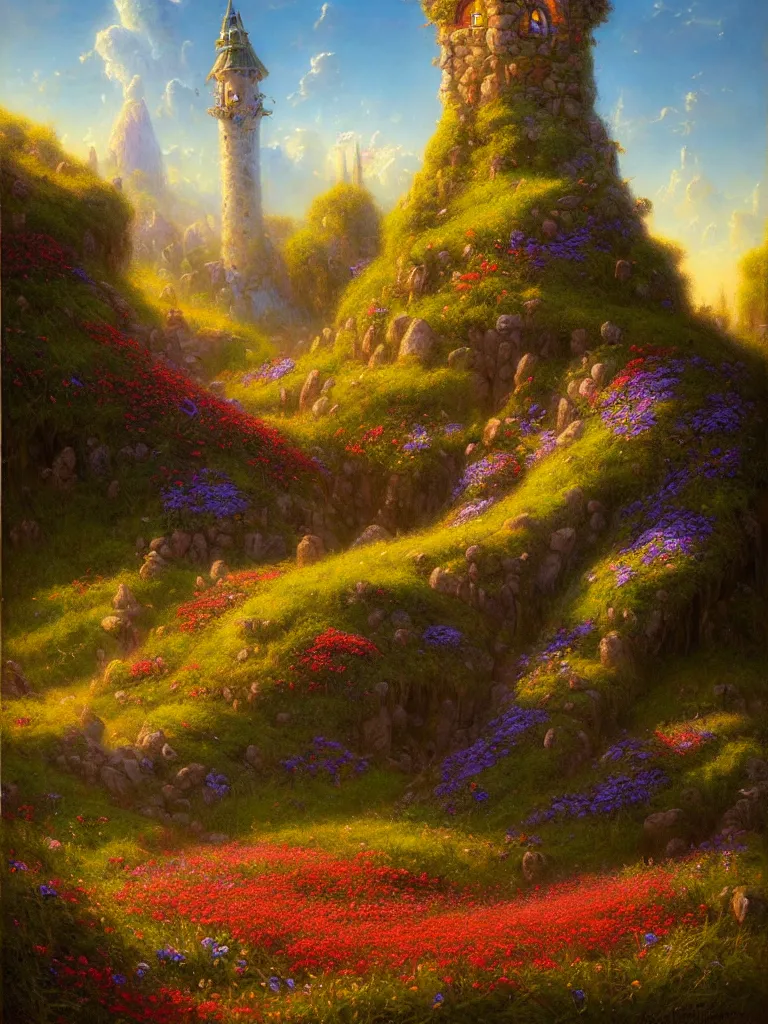 Prompt: a wizard tower by Justin Gerard, field of flowers, morning light