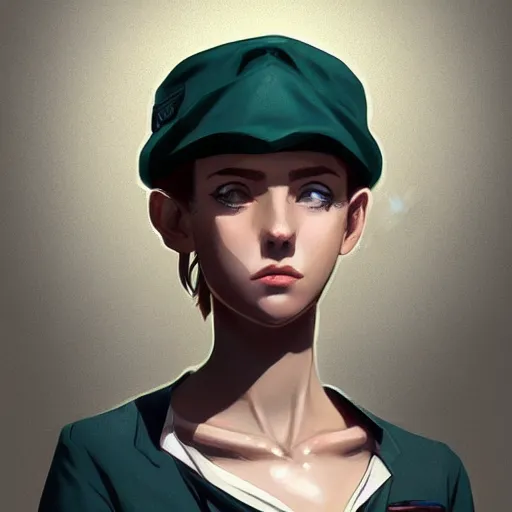 Image similar to symmetrical portrait bust of young woman with shoulder length light brown hair and hazel eyes dressed in a sharp dark teal military uniform and beret, anime, ilya kuvshinov, greg rutkowski, guweiz, ross tran, loish, svetlana tigai, artgerm, artstation trending, concept art, digital painting, painterly