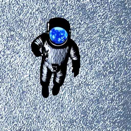 Image similar to man in silver space suit walking on catwalk suspended in the darkness of space, surrounded by stars, isometric view