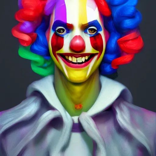 Image similar to Portrait of a colorful happy joyful clown, artstation, cgsociety, masterpiece