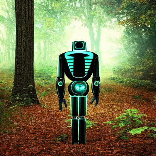 Prompt: a robot lost in the woods, photorealistic