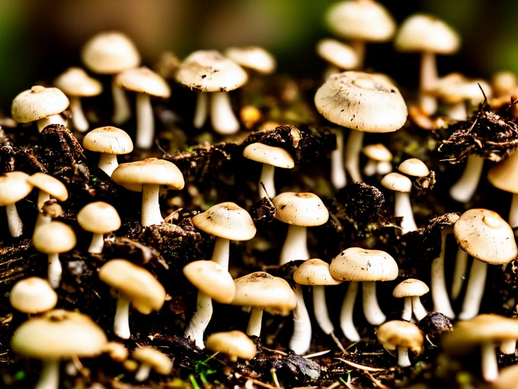 Image similar to macro photo of 1 5 tiny mushrooms in the forest sharp focus