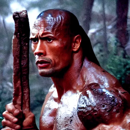 Image similar to film still of a mud - covered dwayne johnson as dutch looking in panic in predator 1 9 8 7, hd, 8 k