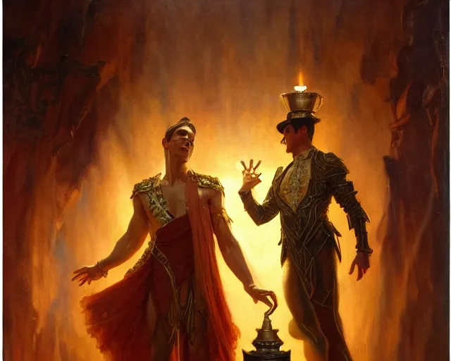 Image similar to attractive magician man, casting light magic, summoning a handsome god. highly detailed painting by gaston bussiere, craig mullins, j. c. leyendecker 8 k