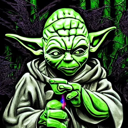 Image similar to yoda terminator, graffiti city covered in vegetation, highly detailed, smooth color composition, digital art masterpiece